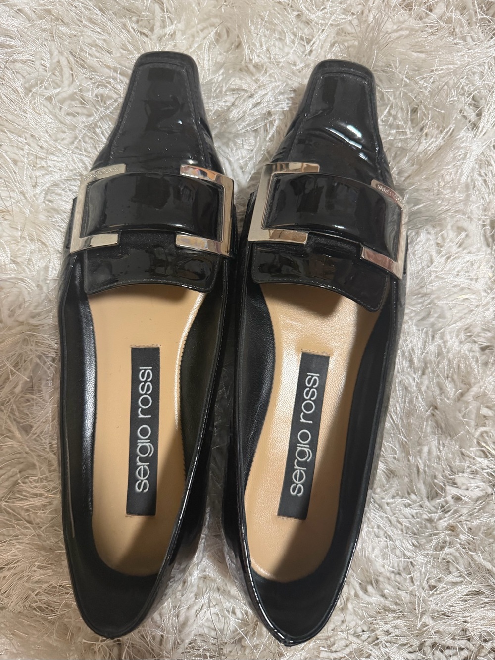 Sergio Rossi Black Patent Leather Loafers with Silver Buckle Detail